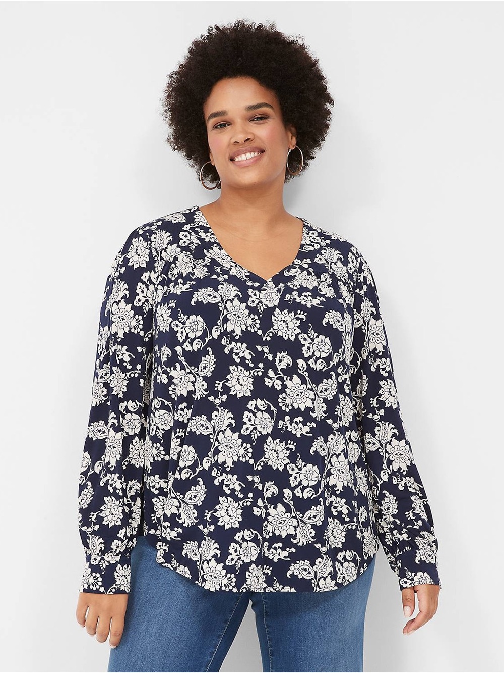 Lane Bryant Navy Blue and White Botanical Floral Bishop Sleeve V Neck Top